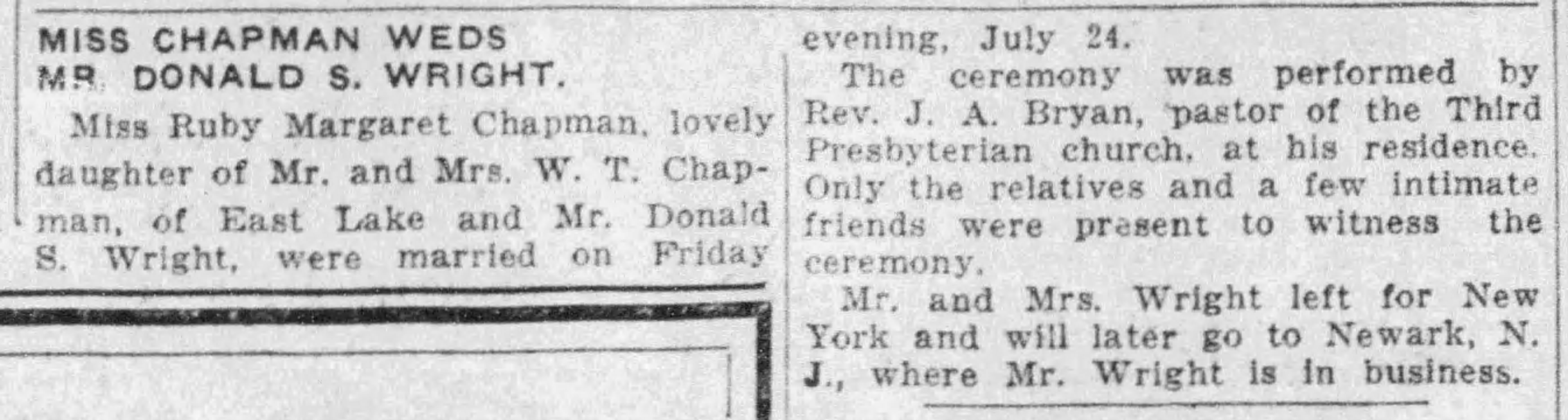 Miss Chapman Weds Mr. Donald S. Wright